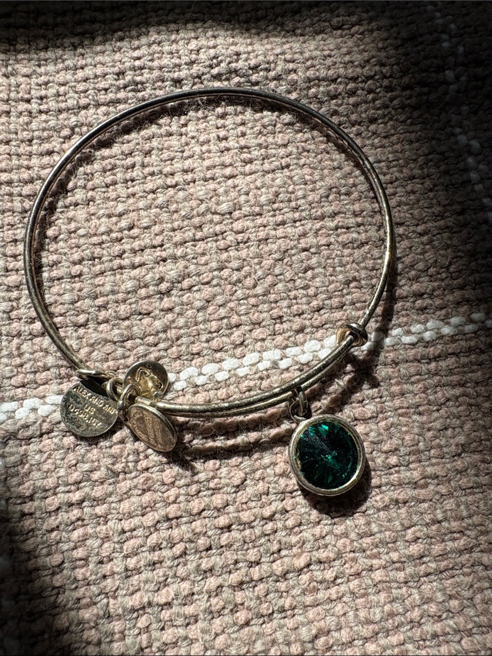 Alex and Ani Silver Bangle with Deep Green Round Charm